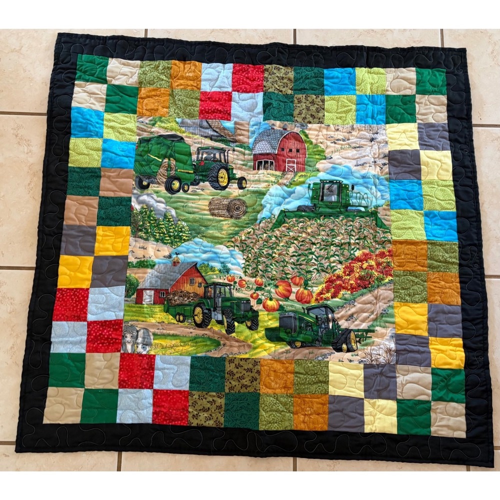 Handmade John Deere Farm Tractor Quilt 39.5x38" Patchwork Lap Throw Wall Hanging